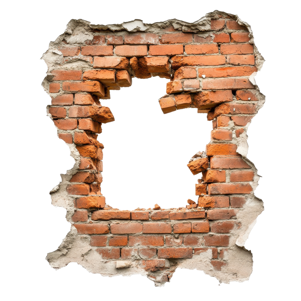 Destruction of brick walls revealing damage from war on a Transparent background, Destroyed Brick Walls by War on background png