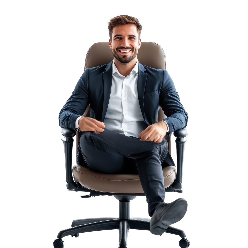 Businessman sitting comfortably on office chair with a confident smile in a modern workspace setting, Businessman Sitting on Office Chair and Smiliing png