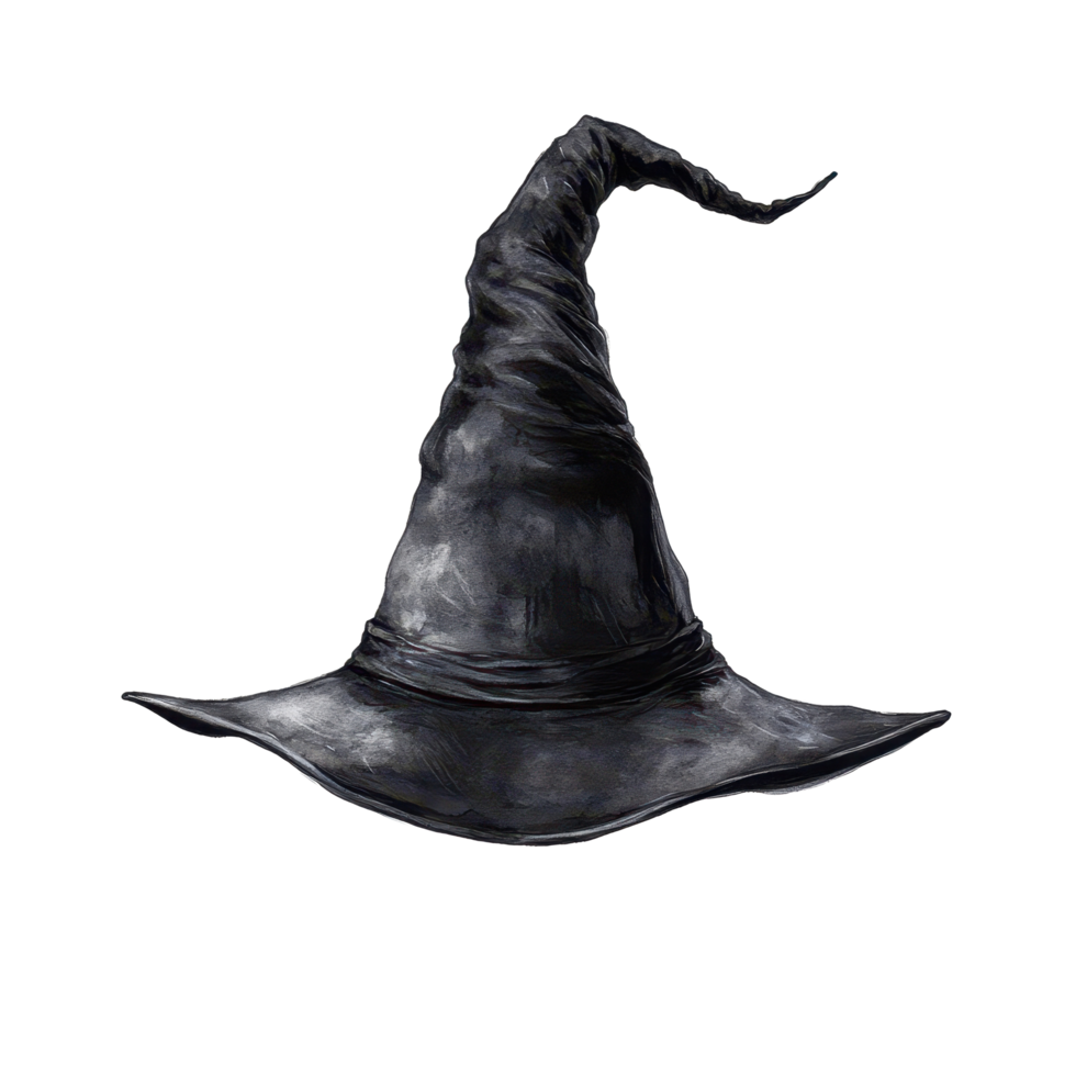 Unique black witch hat on a Transparent background showcasing a classic design perfect for Halloween celebrations, witch hat on background png
