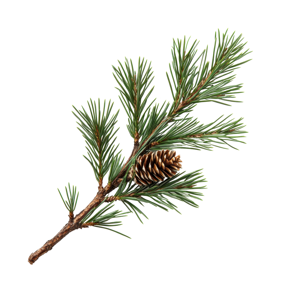 Pine branch with lush green needles and a detailed cone isolated on a Transparent background, pine branch with needles and cones file of isolated object on background png