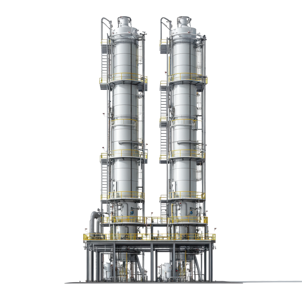 Natural gas processing facility featuring dual distillation columns on a clean background, Natural Gas Facility on Transparent background png