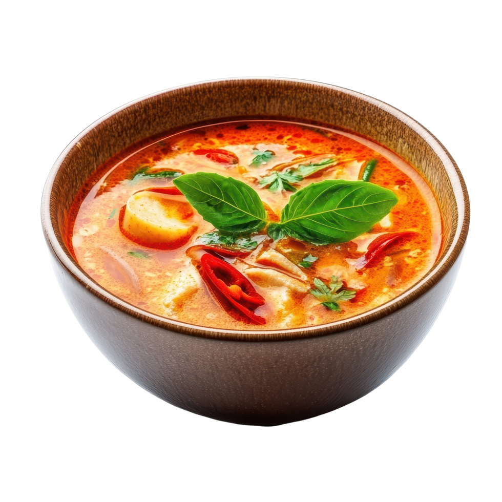 Delicious hot and spicy pork soup served in a wooden bowl with fresh herbs on a white background, hot and spicy soup with porkisolated on white background png