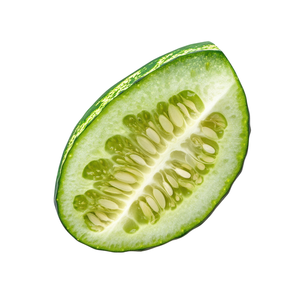 Freshly sliced striped cucumber on a clean Transparent background showcasing vibrant colors and textures, slice striped cucumber isolated on background png