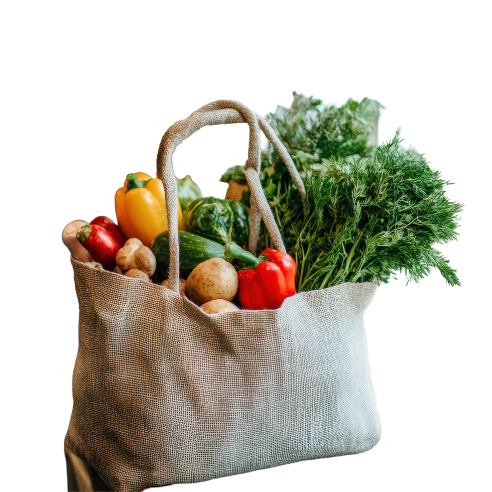 Reusable grocery bag filled with fresh vegetables beside a sunlit kitchen window, Reusable shopping bag full groceries png