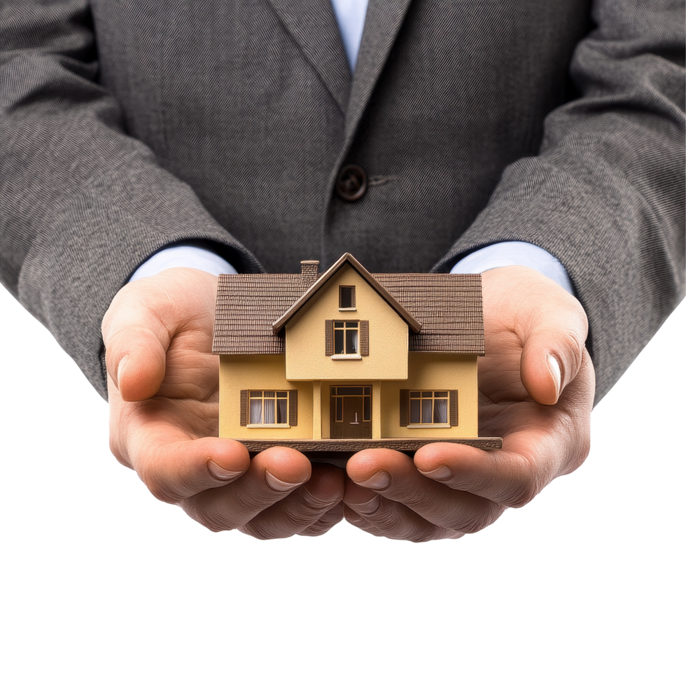 Business person presents a model of a house showcasing a commitment to real estate investment, Business person holding a model a house in protective hands isolated on white backgroundimage png