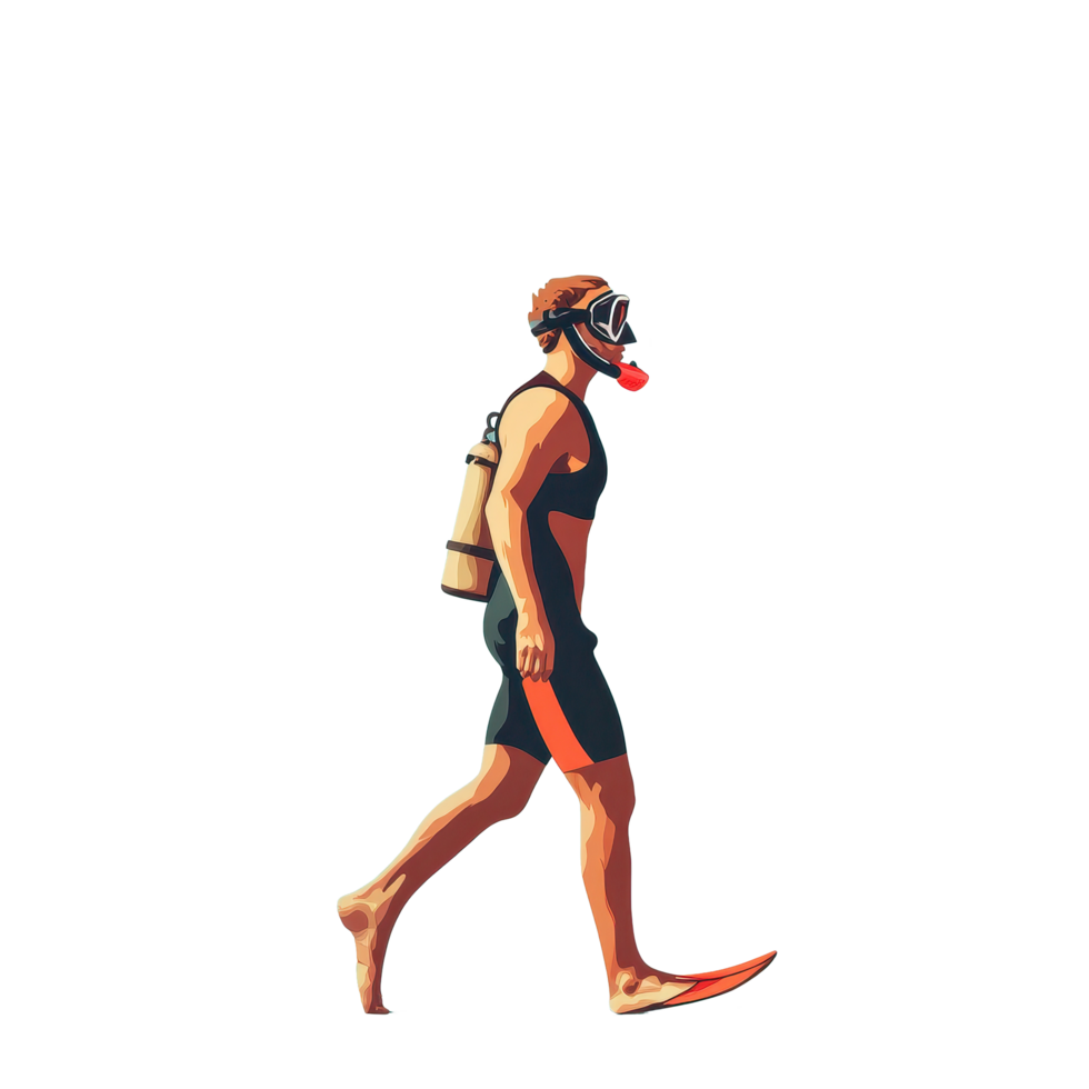 Swimmer walks confidently with snorkel gear along a beach in bright, clear weather, Swimmer wearing mask, snorkel and flippers walking png