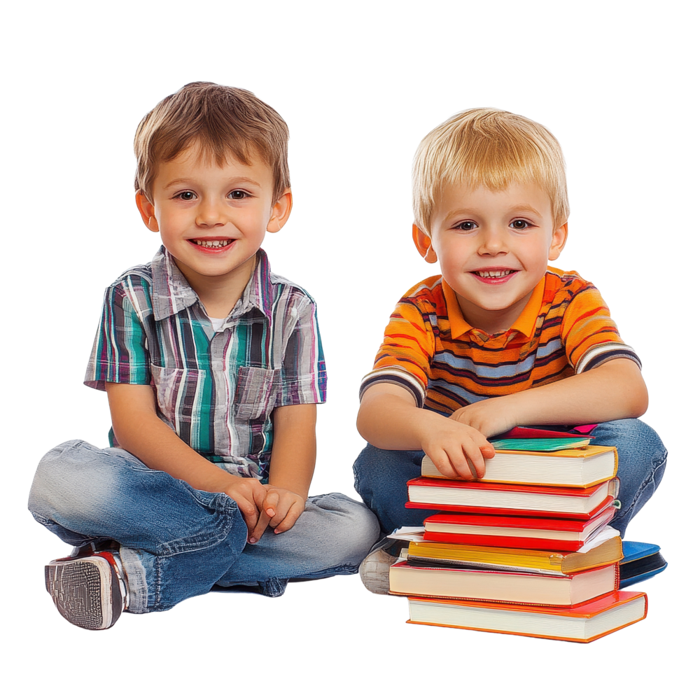 Little boys reading books together on a Transparent background in a sunny learning environment, Little boys with books isolated on background png