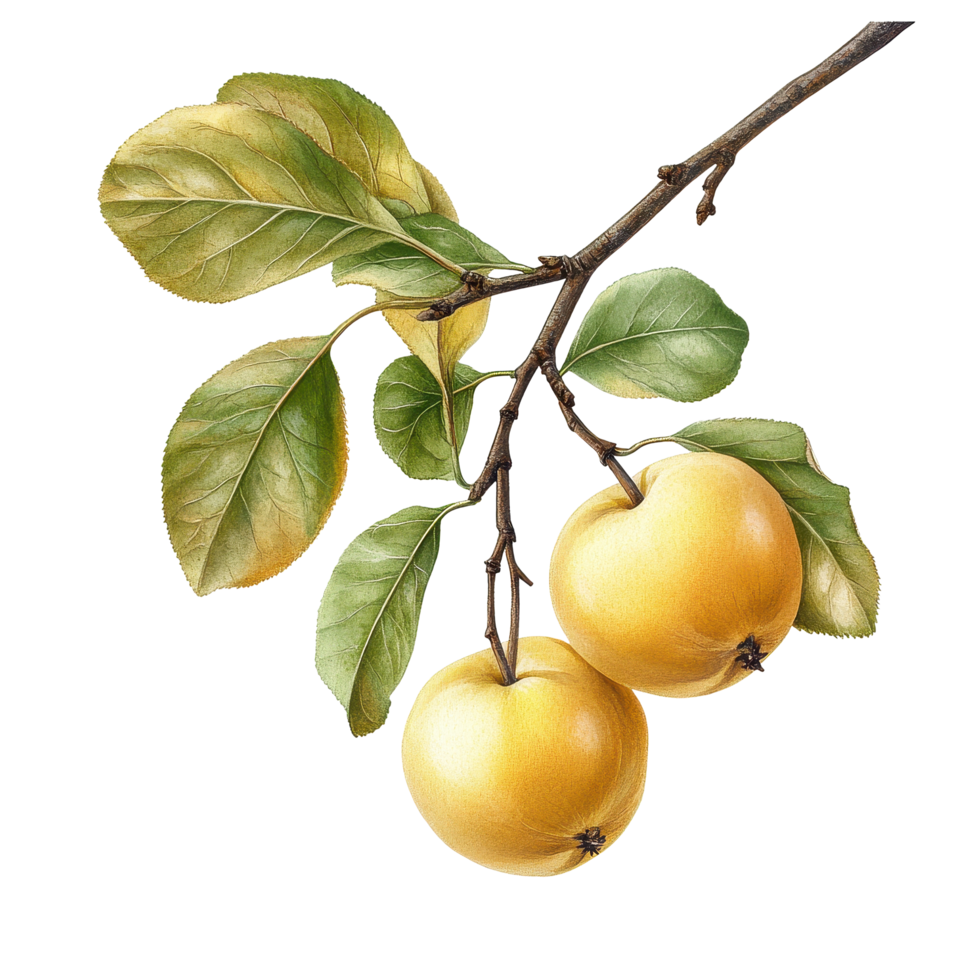 Chinese pear hanging on branch with green leaves against white background, Chinese pearisolated on white background png