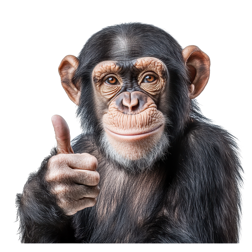Chimpanzee giving a thumbs up isolated on white background showcasing a friendly expression and playful attitude, Chimpanzee Giving Thumbs Up Isolated on white background png