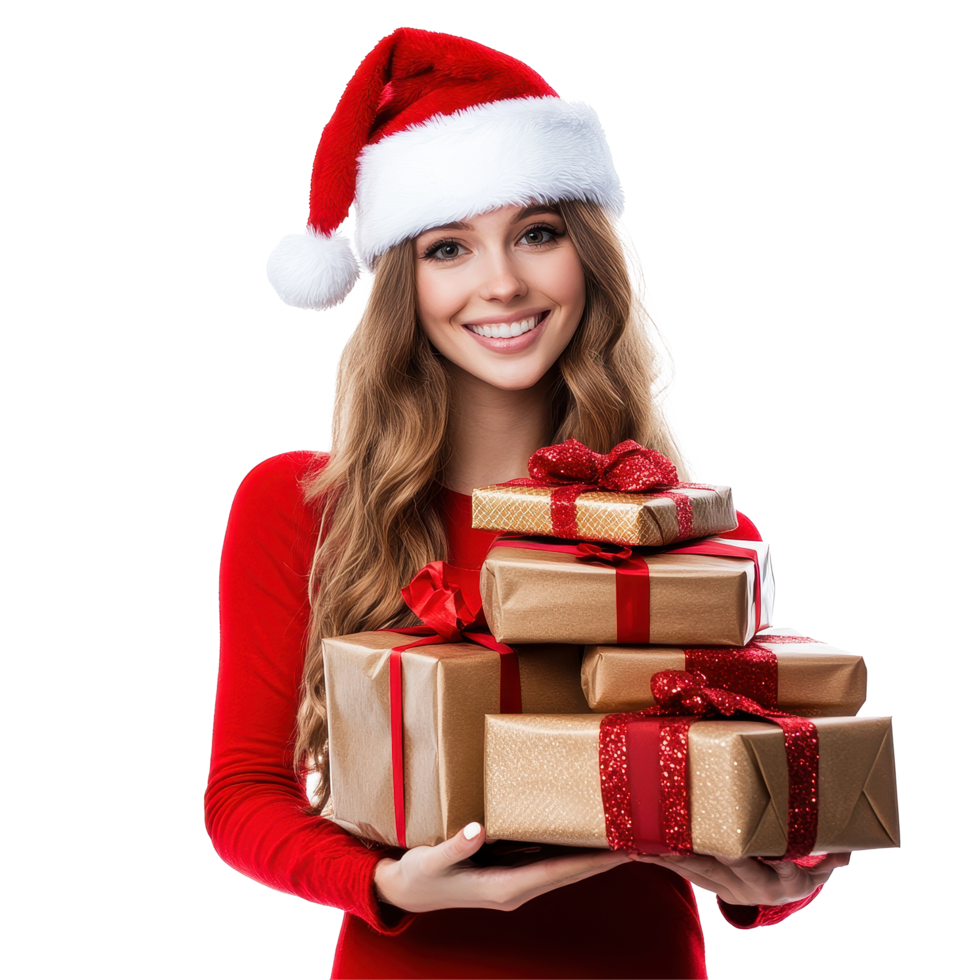 Pretty Santa woman joyfully giving a stack of presents during the holiday season, Pretty Santa Woman Giving Stack Gifts isolated on Transparent background png