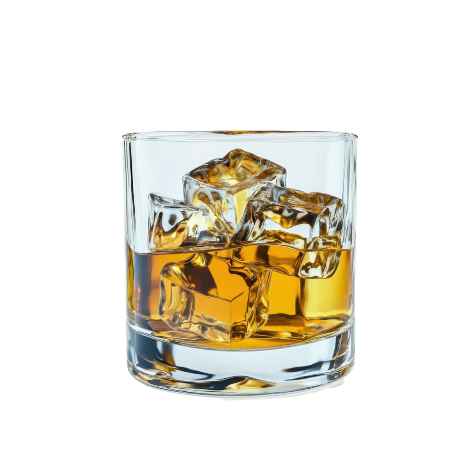 Refreshing glass of whiskey with ice on a clean white background for a classic cocktail experience, glass of whiskey with ice White background png