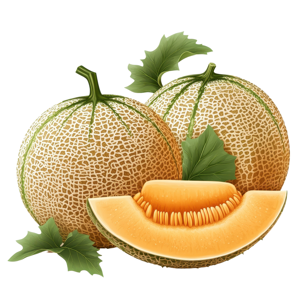 Fresh cantaloupes with vibrant green leaves placed on a Transparent background for a clean and natural presentation, melons or cantaloupe with leaf isolated on background png