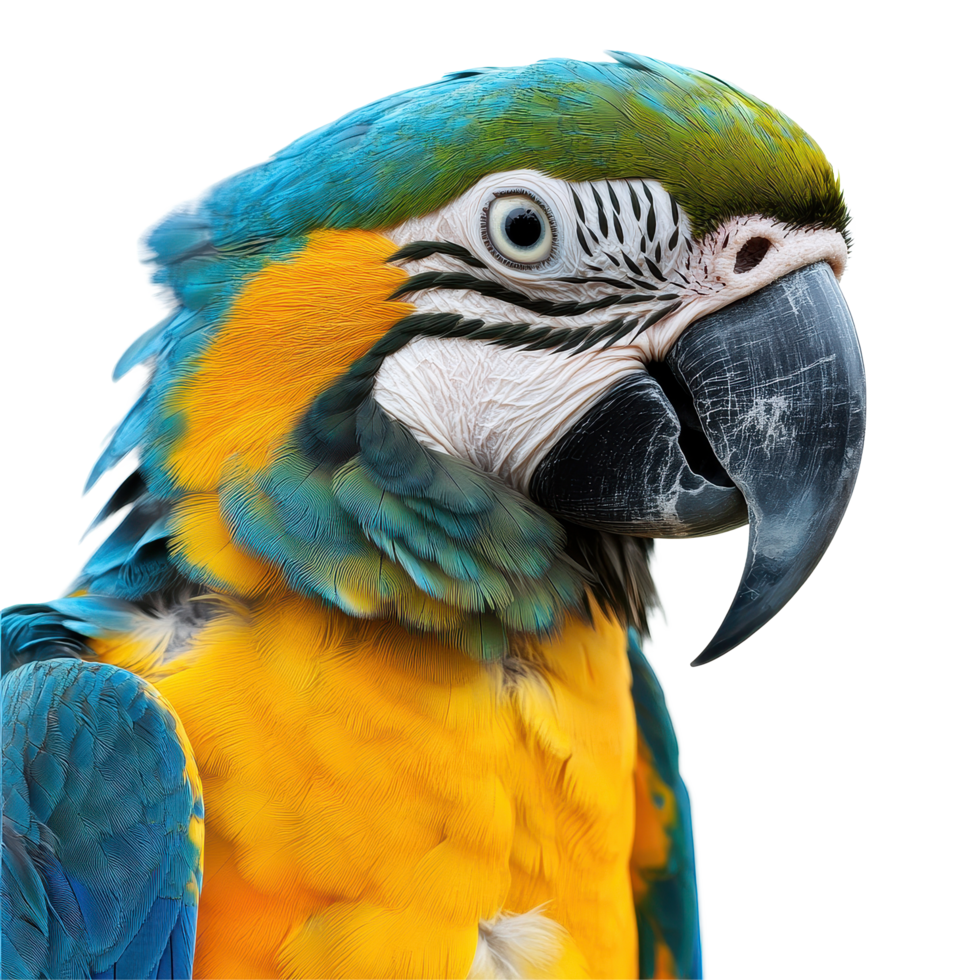 Vibrant closeup of a parrot showcasing stunning colors and intricate details on a Transparent background, Closeup view a parrot isolated on a isolated on background png
