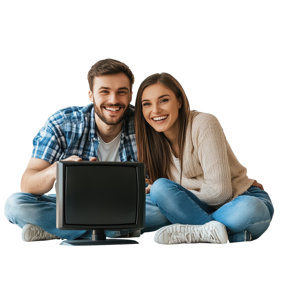 Couple enjoying a cozy evening watching television together in a bright and cheerful setting, Smiling Couple Watching Television, Transparent background png