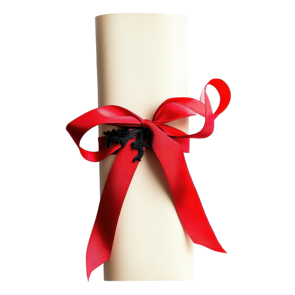 Diploma tied with a red ribbon placed on a Transparent background ready for celebration and achievement recognition, Diploma tied with red ribbon on background png