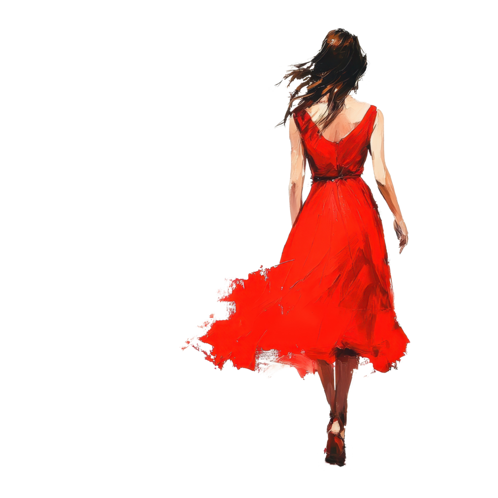 Woman wearing a red dress walks gracefully against a bright Transparent background, embodying elegance and movement, woman in a red dress walking background png