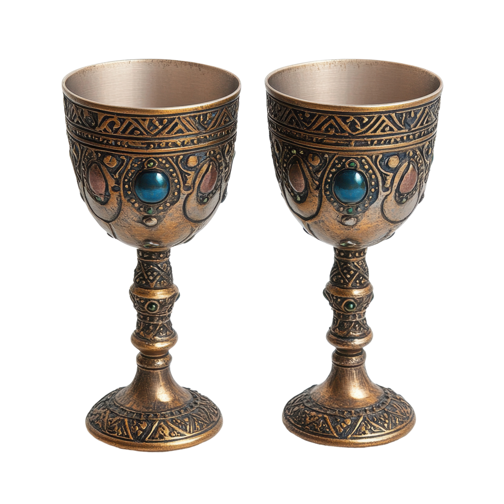 Elegant medieval goblets crafted with intricate designs and colorful stones on a Transparent background, Medieval Goblets Isolated on background png