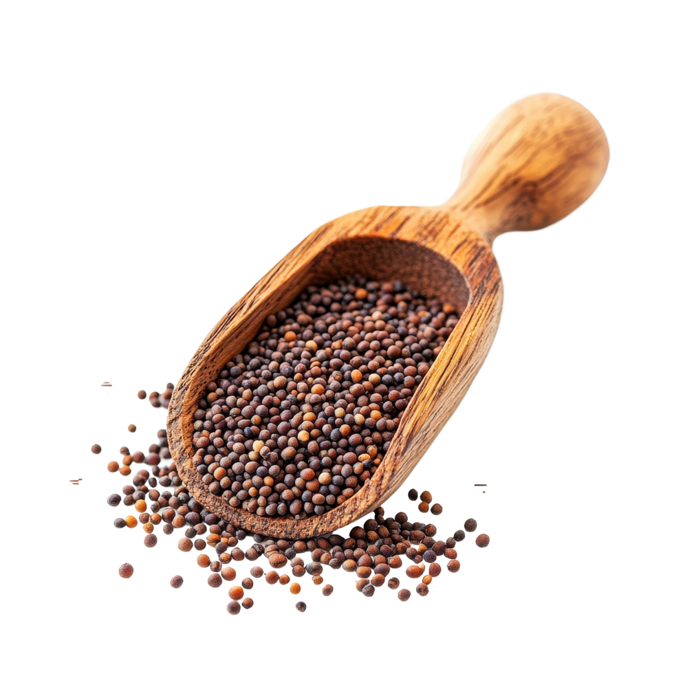 Mustard seeds in a wooden scoop on a clean Transparent background, mustard seeds in wood scoop isolated on background png