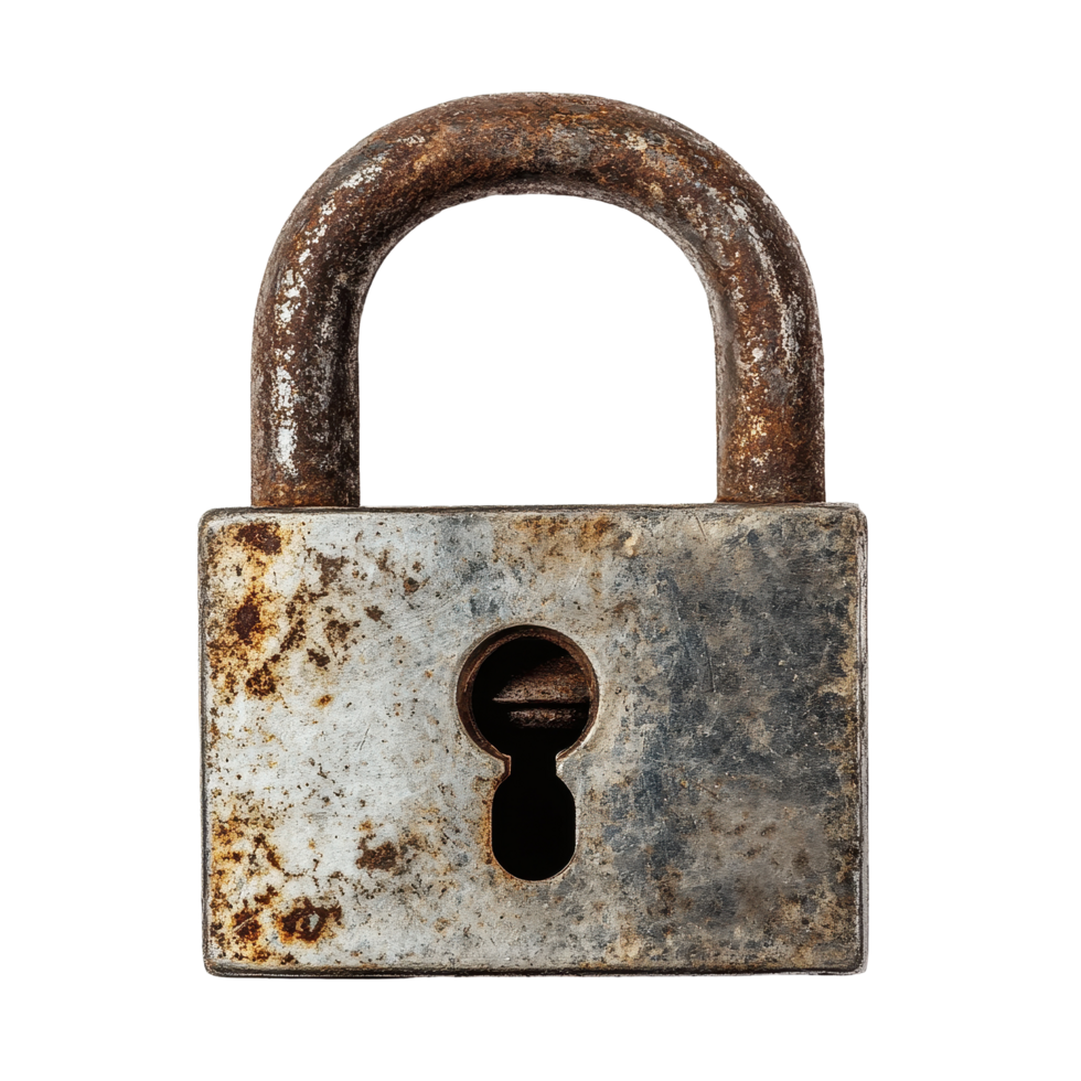 Security padlock isolated on Transparent background with weathered surface and keyhole detail for protection concepts, security padlock isolated on background png