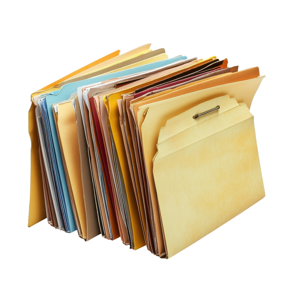 Organized file folders containing various documents arranged neatly on a white background, File folders with documents on white background png
