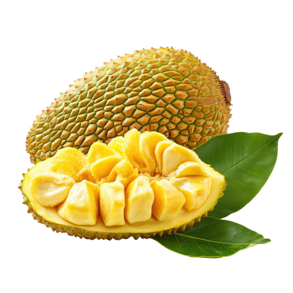 Ripe jackfruit with vibrant yellow flesh and green spiky exterior isolated on Transparent background, ripe Jackfruit with leaf isolated on background png