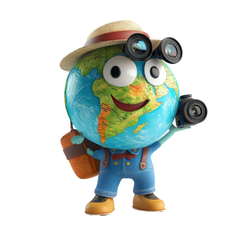 Globetrotting Earth character with camera exploring diverse landscapes and cultures, Globetrotting Earth Character with Camera Travel Concept on white background png