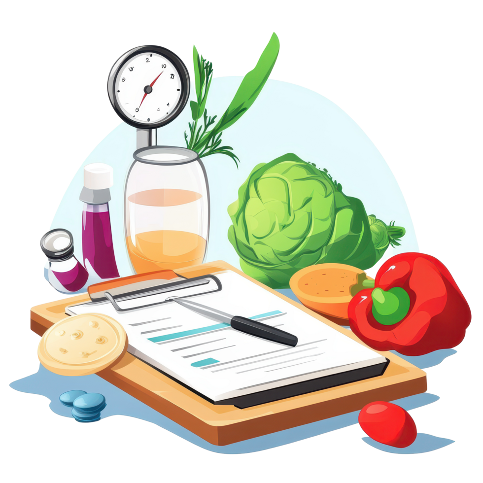 Health report display featuring healthy food items and nutrition tools on a clean cartoon background, Healthy report with cartoon style white background png