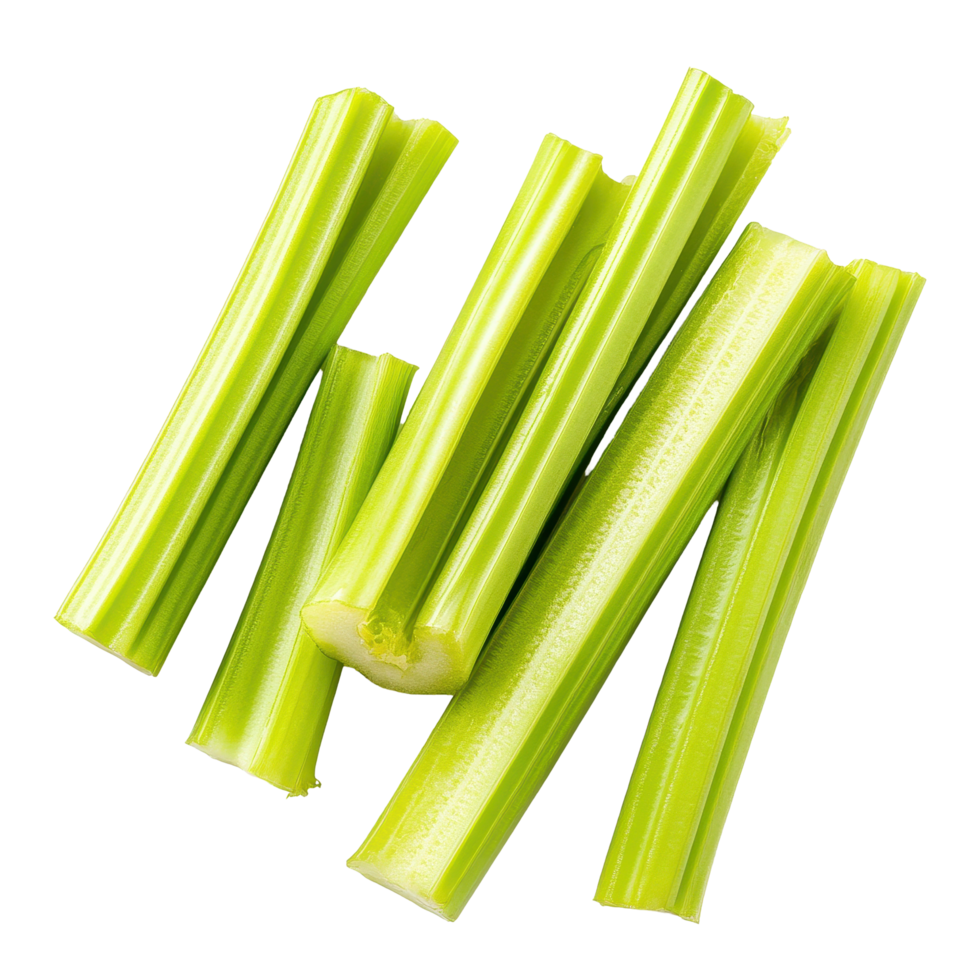 Freshly cut celery sticks on a Transparent background showcasing vibrant green color and crispy texture, Cut celery sticksisolated on background png