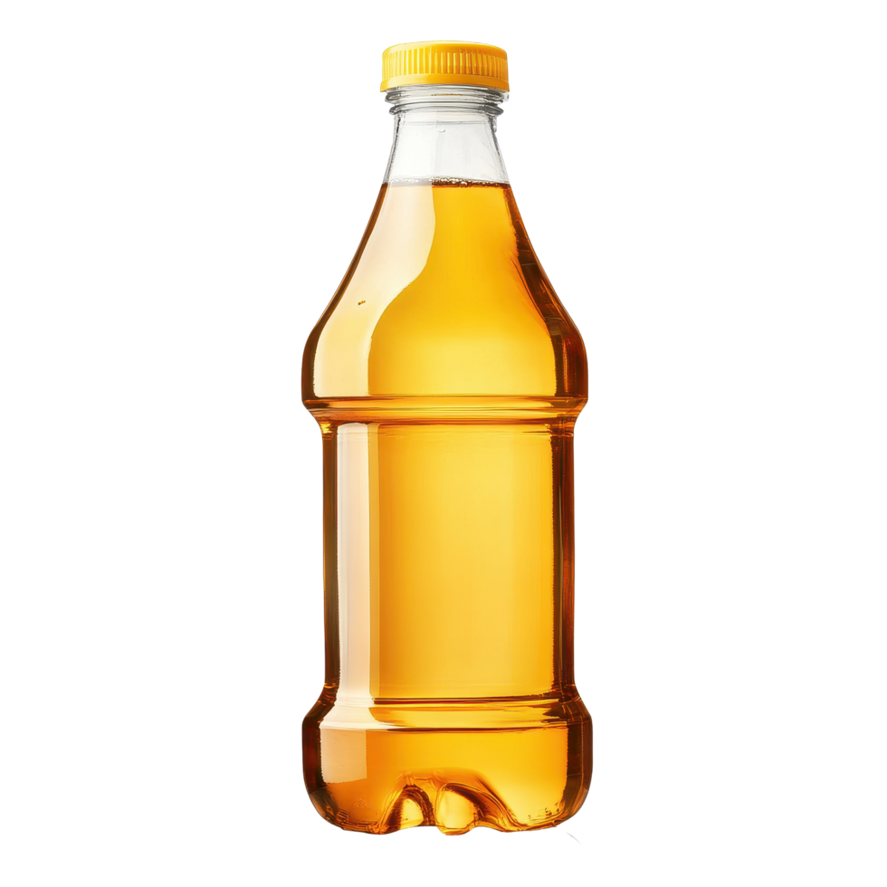 Vegetable oil in a plastic bottle next to a beer bottle on a simple table, vegetable oil in a plastic bottle on Beer bottle isolated on Transparent background png