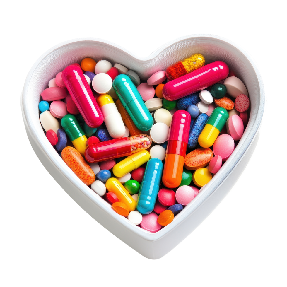 Colorful medical pills and capsules arranged in a heart shape on a clean surface, Colorful medical pills and capsules in heart shaped box png