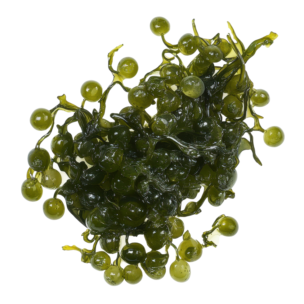 Delicate sea grapes seaweed showcasing vibrant green caviar texture, Sea grapes green caviar seaweed transparent png