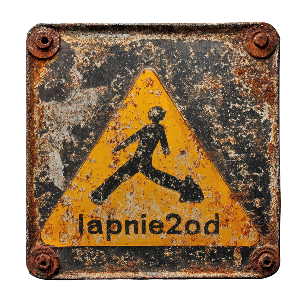 Old metal warning sign showing a pedestrian caution symbol against a Transparent background, piece old metal with a warning sign on it, background png