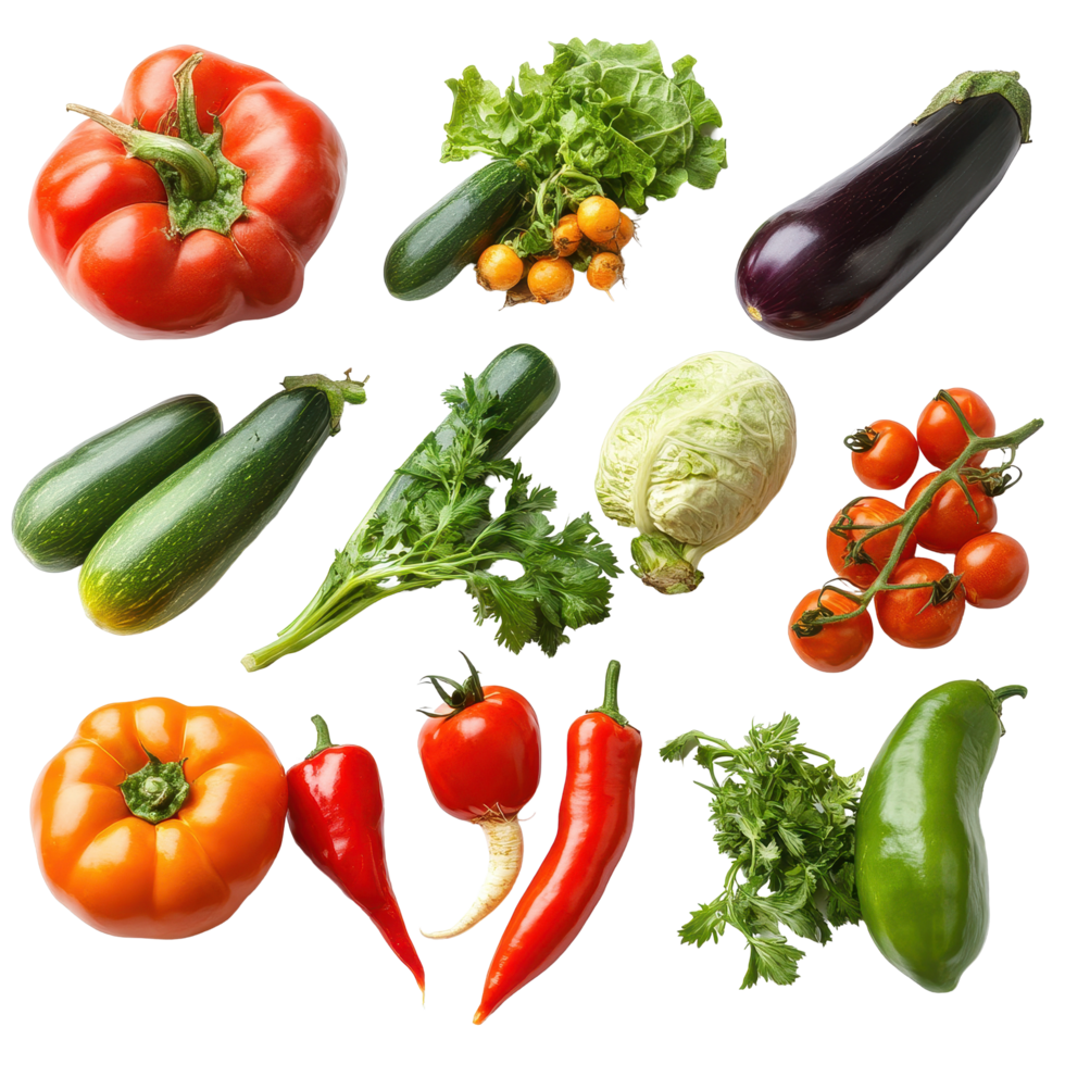 Variety of garden vegetables arranged on a Transparent background for culinary inspiration, Isolated image various types garden vegetables on background png