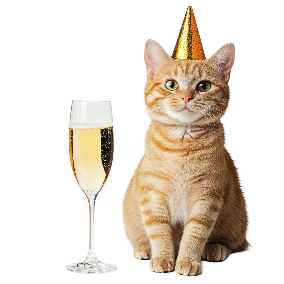 Funny cat in a party hat beside a champagne glass on a white background, Funny Cat with Champagne Glass On white background Celebration Concept, white background png