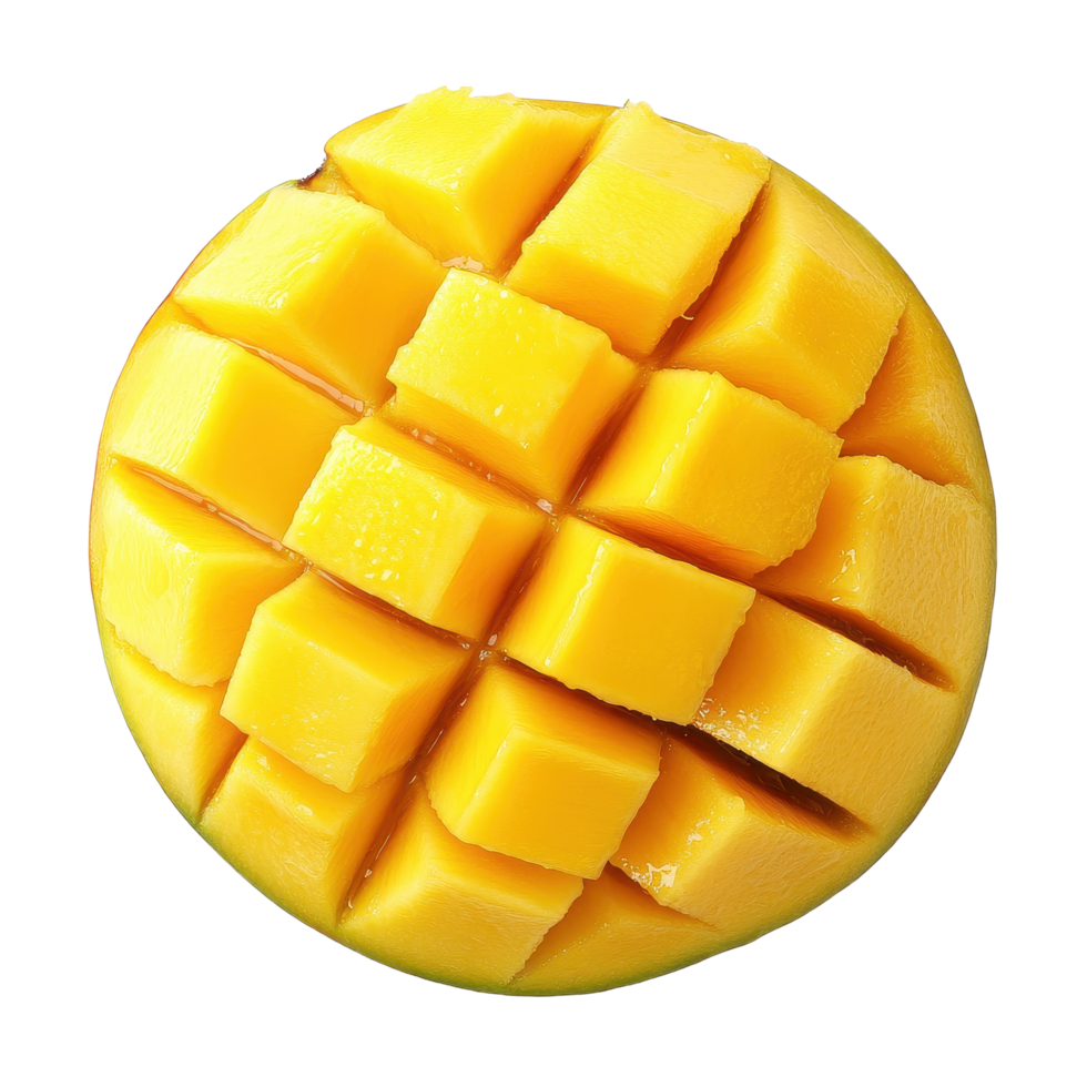 Sliced mango pieces arranged on a Transparent background showcasing bright yellow flesh and textured surface, Sliced mango isolated on background png