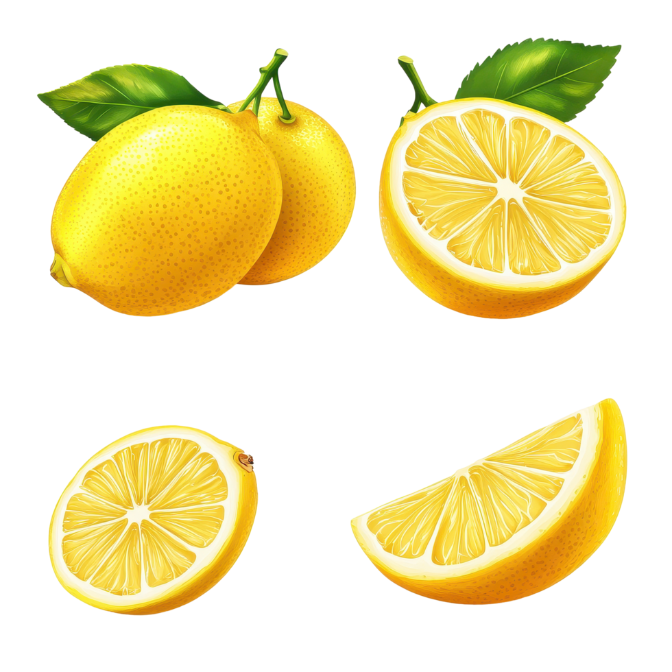 Fresh and juicy lemons with vibrant yellow color displayed alongside slices for culinary delight, ripe lemon fruit half and slices isolated, Fresh and Juicy LemonTransparent background png