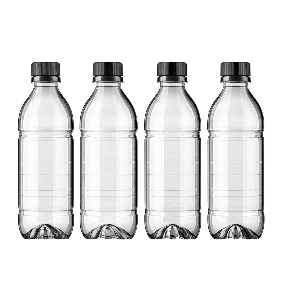 Six clear water bottles lined up against a Transparent background showcasing simple, functional design, Six Water Bottles isolated on background png