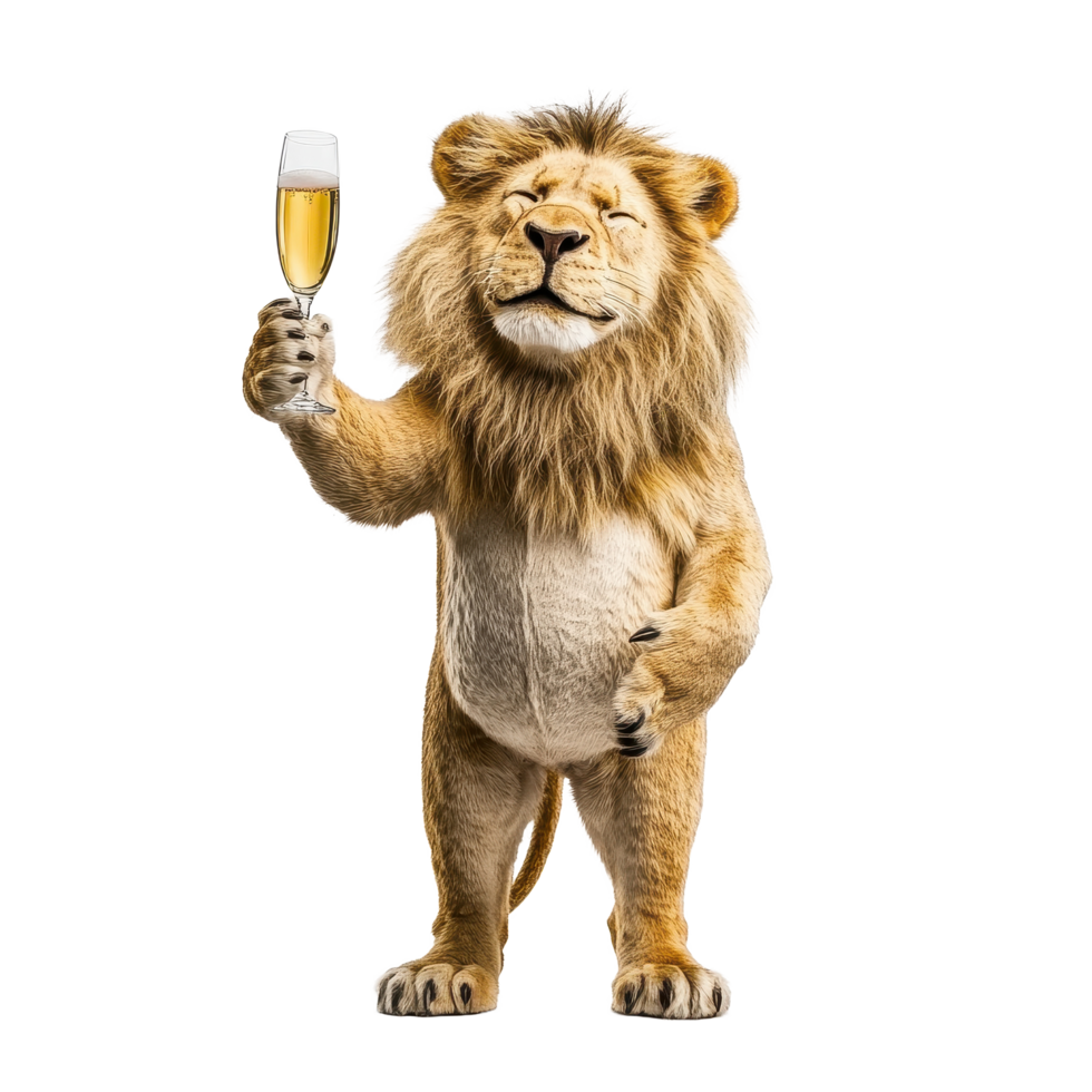 Funny lion celebrating with a champagne glass on a white background, Funny Lion Holding Champagne Glass On white background Celebration Concept, white background png