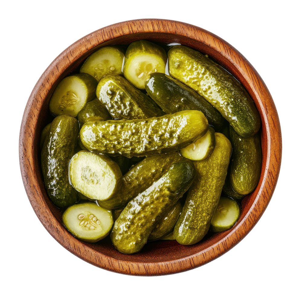 Pickled cucumbers in a wooden bowl viewed from above on a Transparent background, Pickled cucumber in wooden bowl top view isolated on background png