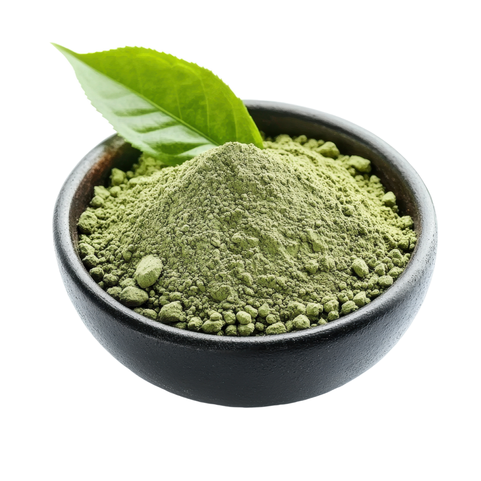 Powdered matcha green tea in a bowl with a fresh leaf isolated against a Transparent background, powdered matcha green tea in bowl and leaf isolated on background png