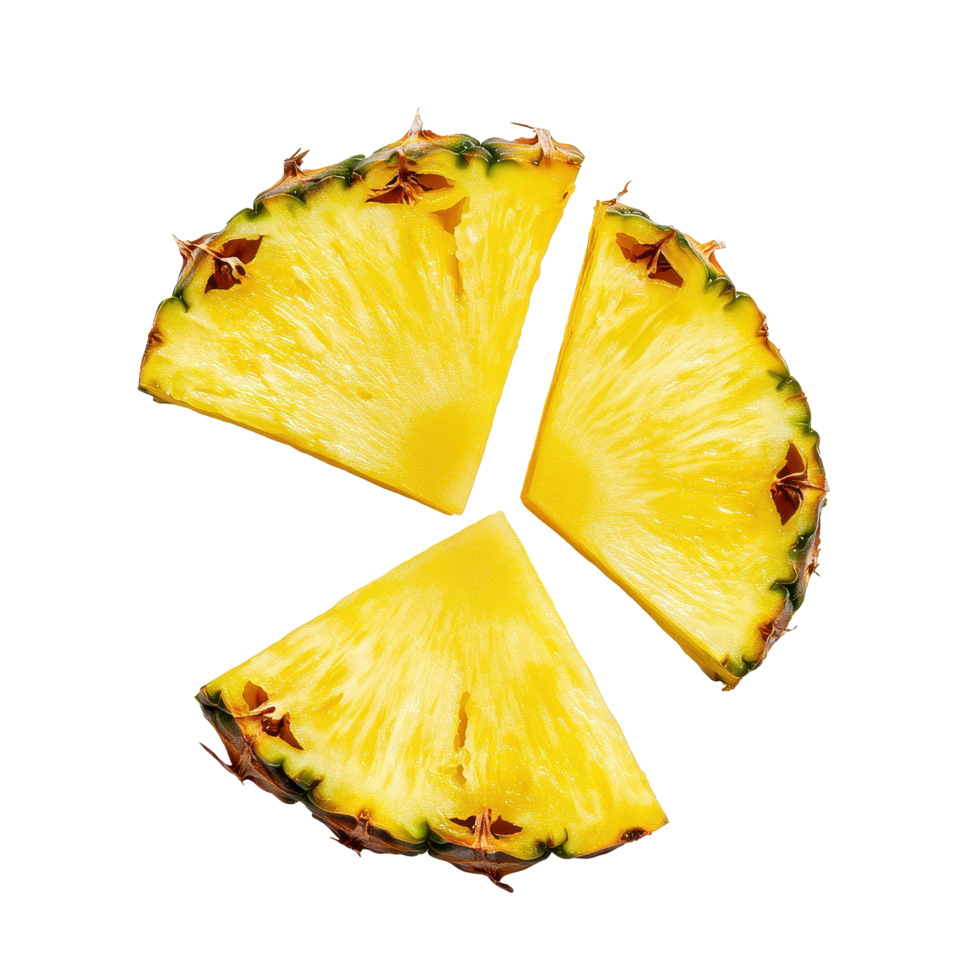 Fresh pineapple fruit slices isolated on Transparent background showcasing vibrant yellow color and unique textures, pineapple fruit slices isolated, isolated on background png