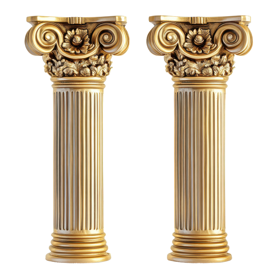 Golden columns showcase classic antique elegance in timeless architectural design, Golden columns, Classic antique gold pillars isolated on white background png