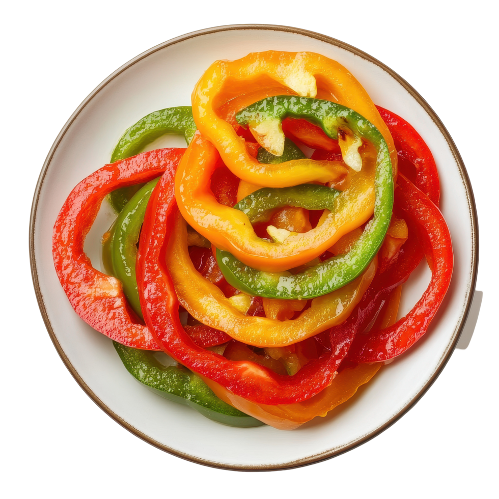 Sliced colorful peppers arranged on a plate isolated on a Transparent background, pepper sliced in a plate isolated on background png