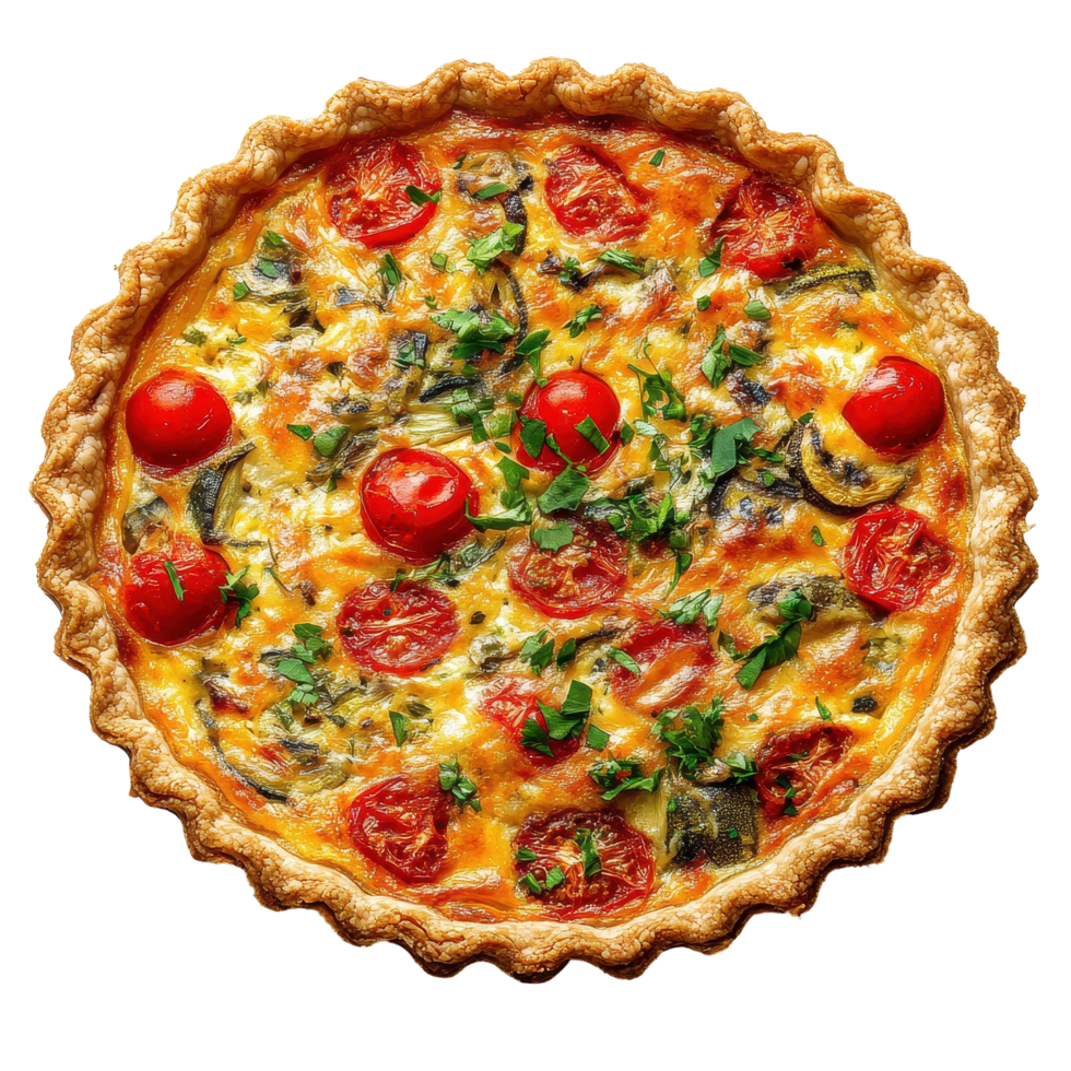 Vegetable quiche lorraine topped with fresh herbs and cherry tomatoes on a Transparent background, Delicious Vegetable Quiche lorraine background png