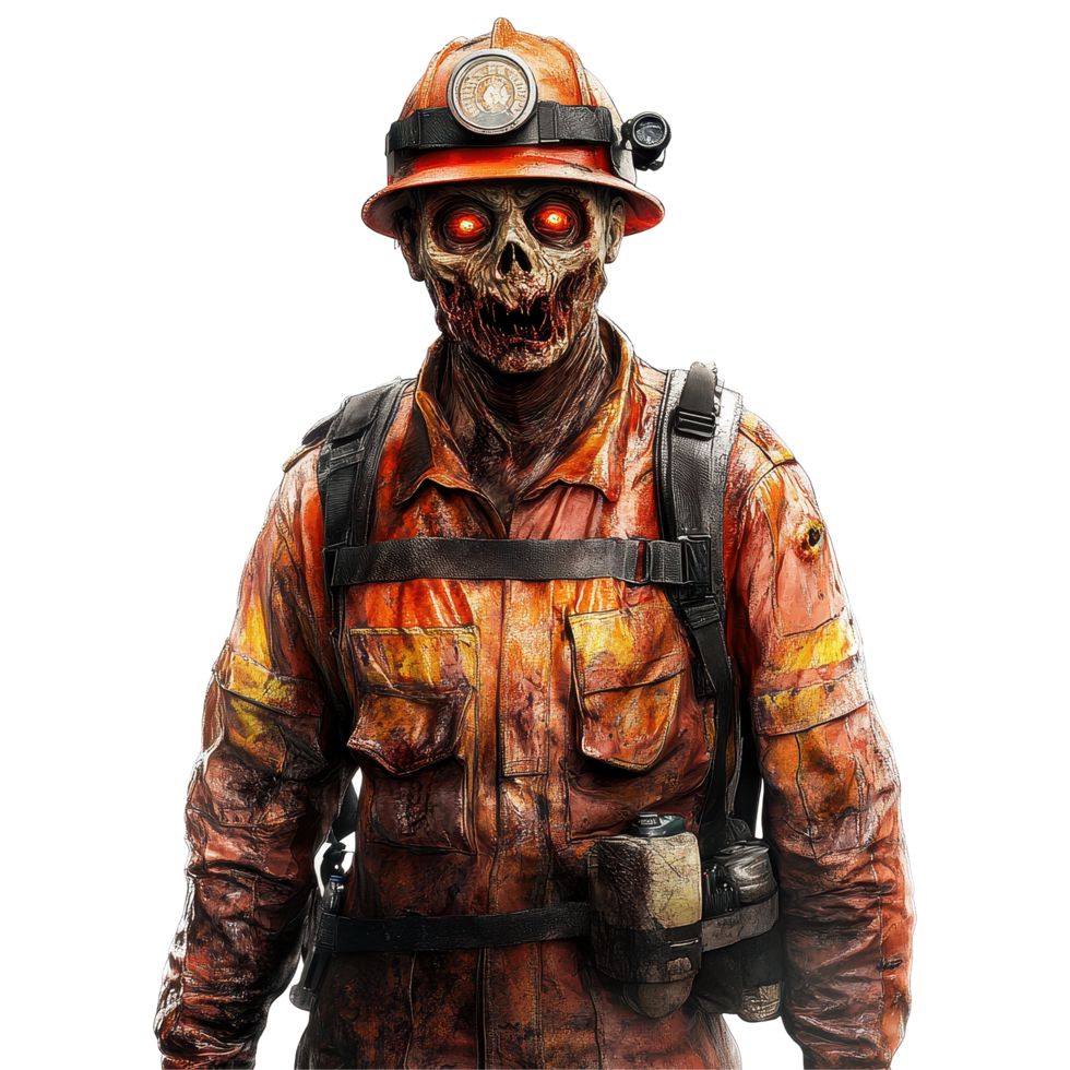 Zombie firefighter in tattered uniform stands against white background with glowing eyes, Firefighter zombie on white background png