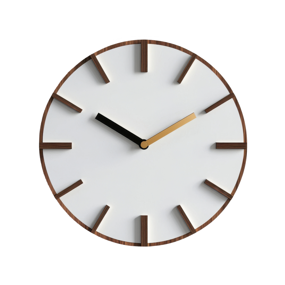 Modern wall clock displayed on a Transparent background showcasing minimalistic design and elegant color contrast, Modern Wall Clock Isolated on background png