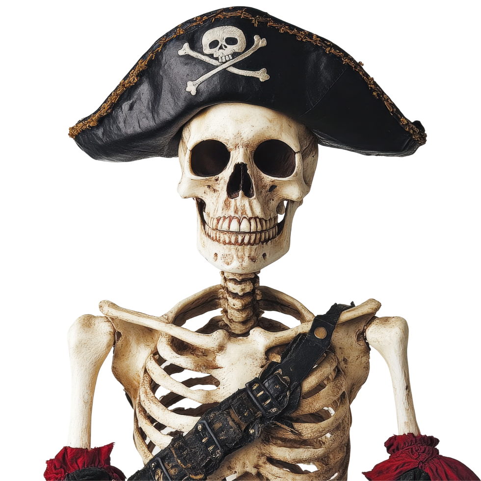 Pirate skeleton in costume with hat holds sword, ready for adventure or mischief in a playful setting, skeleton wearing a pirate hat and a pirate costume, Transparent background png