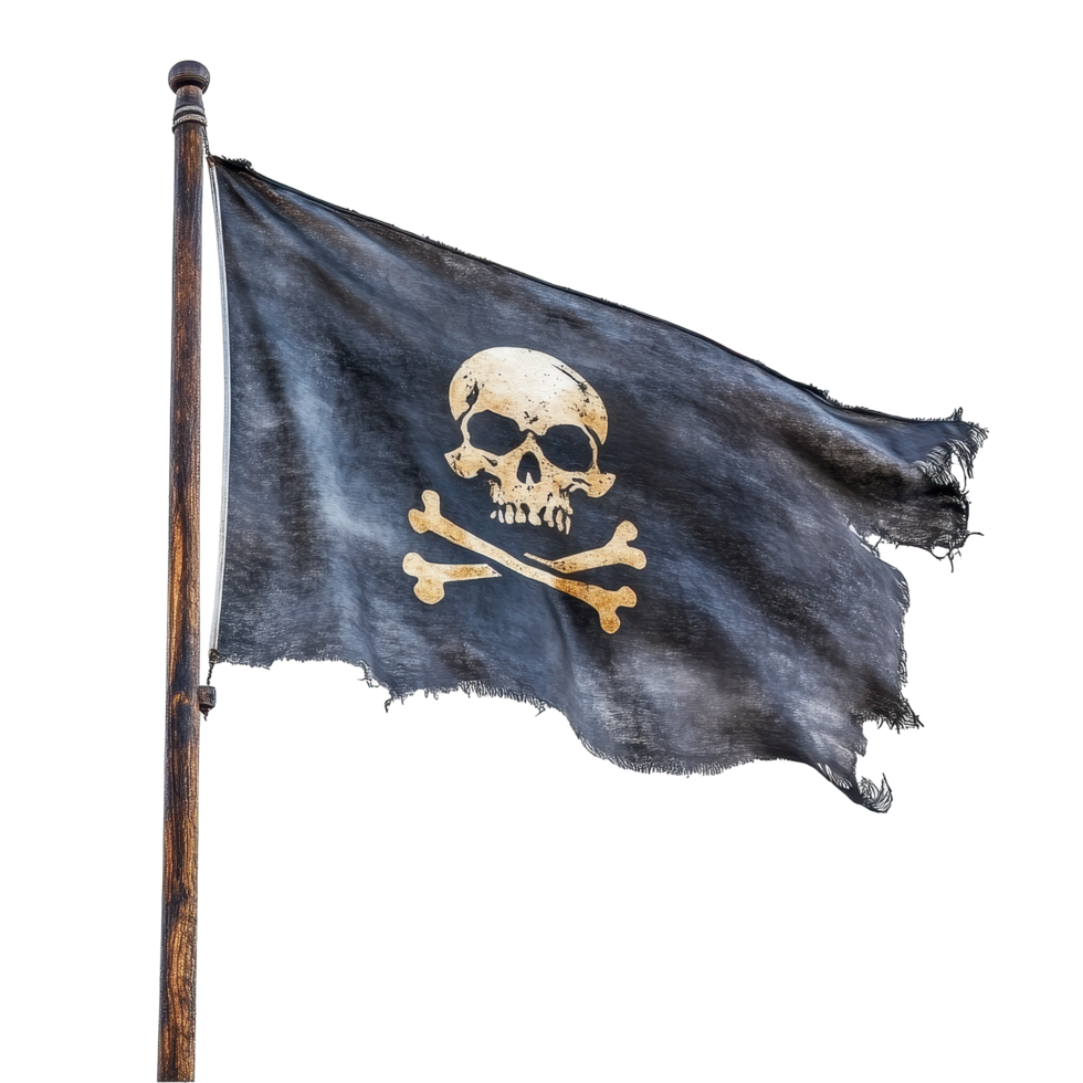 Pirate flag waving against a plain Transparent background showcasing classic skull and crossbones symbol, Pirate flag isolated on background png
