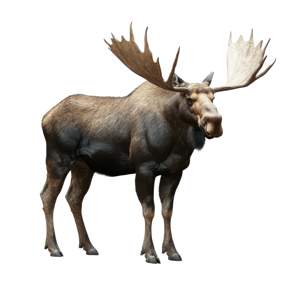 Majestic moose standing gracefully in a natural setting with impressive antlers and strong physique, Majestic Moose, Wild Animals in Various Poses, isolated on Transparent background png