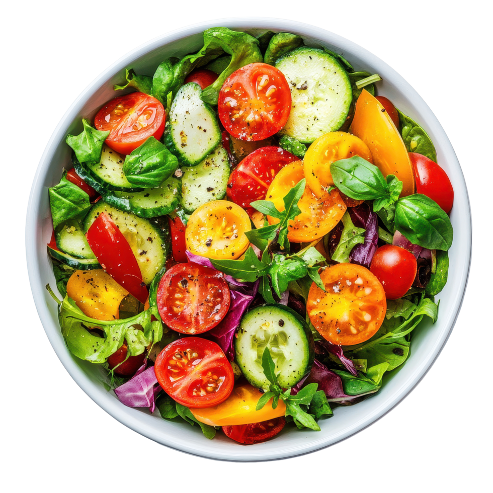 Fresh vegetable salad bowl with tomatoes, cucumbers, and greens on a white background, Fresh tasty vegetable salad in bowl on white background png